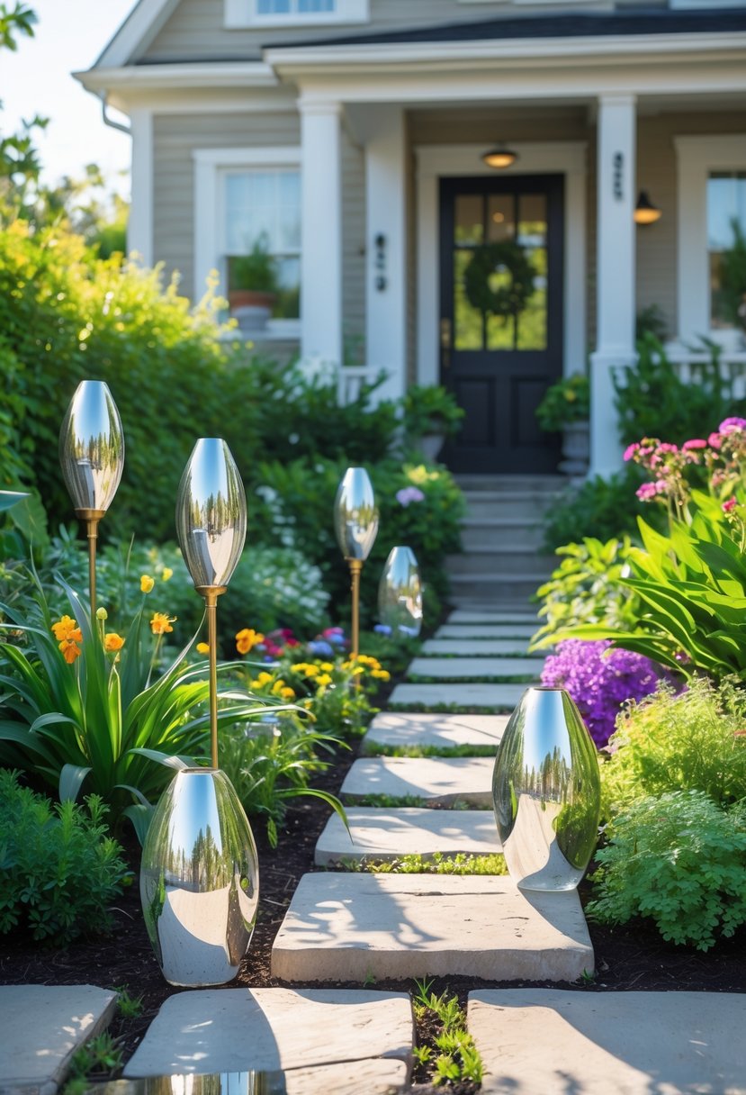 Small front garden with green plants, colorful flowers, and mirrored ornaments reflecting sunlight near a house entrance.