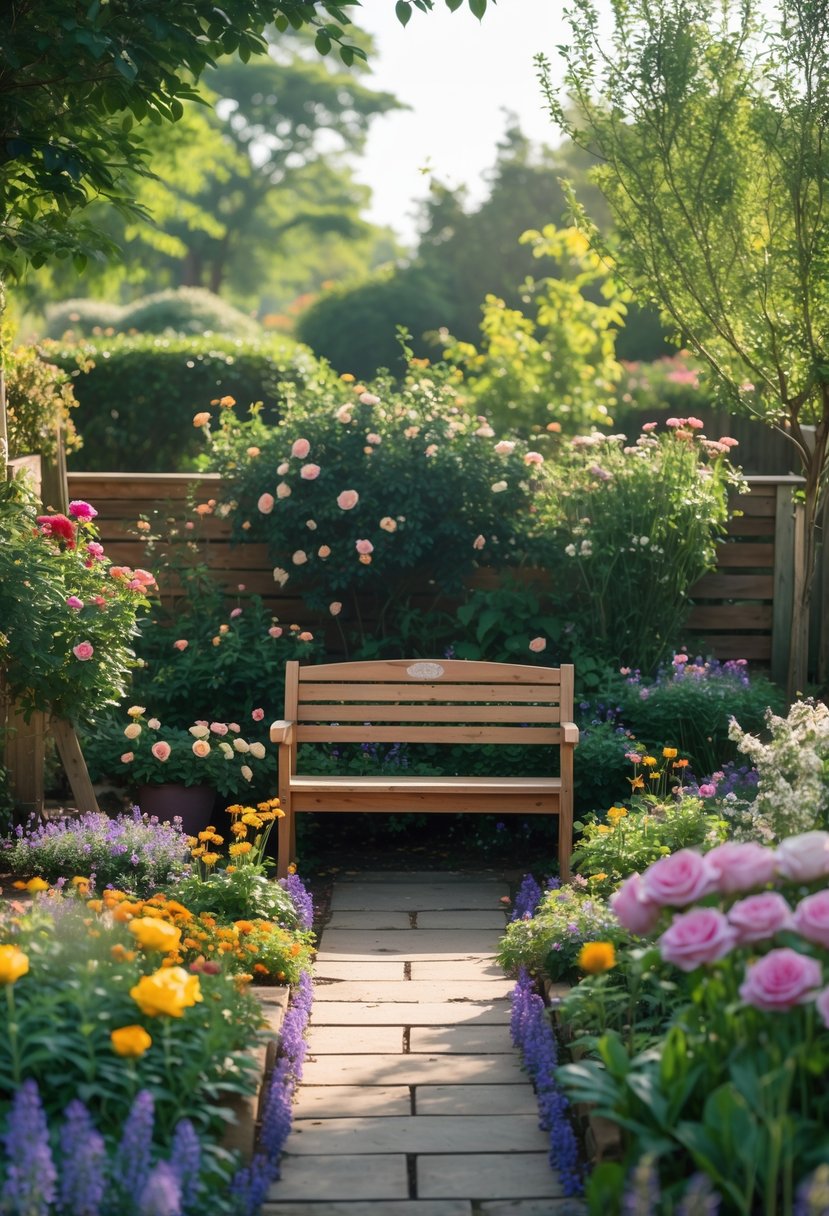 A small front garden with a wooden bench surrounded by blooming flowers and greenery.