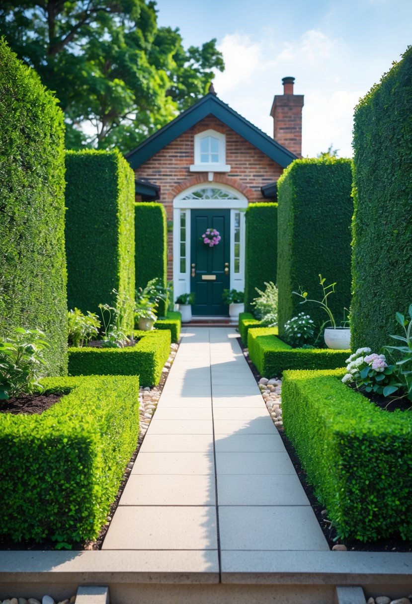 Small front garden with symmetrical trimmed boxwood hedges and a central paved pathway leading to a front door.