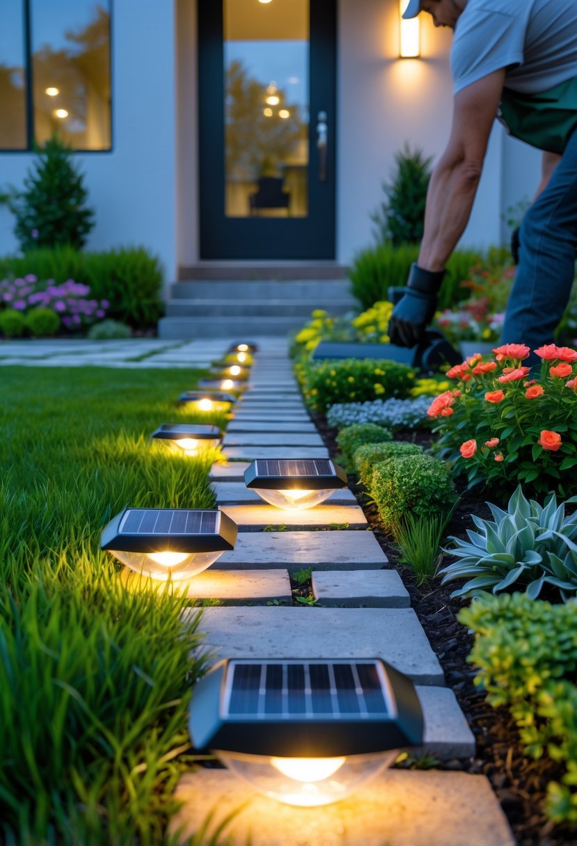A small front garden with colorful flowers and green grass, showing a person installing solar-powered garden lights along a stone pathway leading to a house.