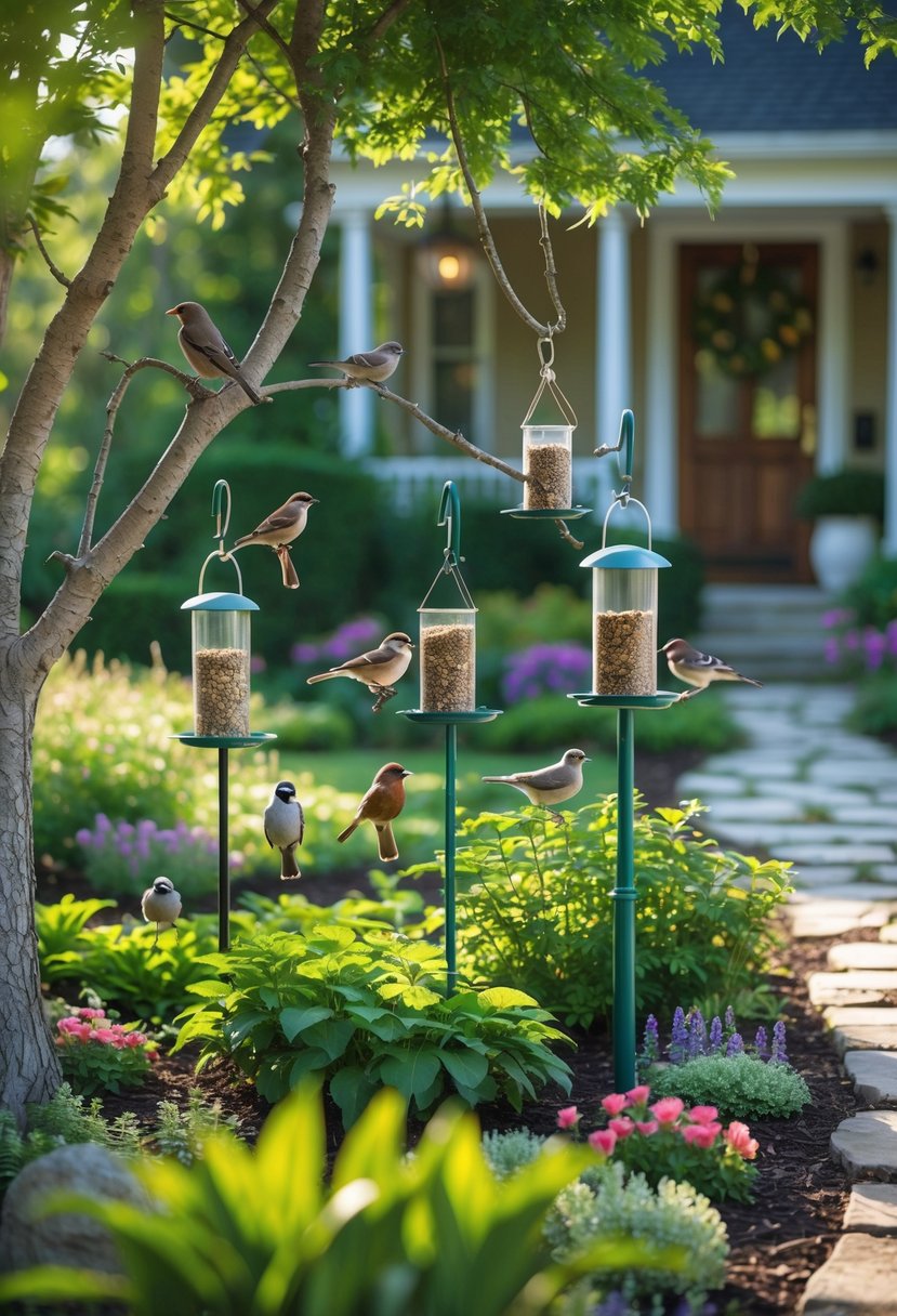 A small front garden with bird feeders attracting several birds among green plants and colorful flowers.
