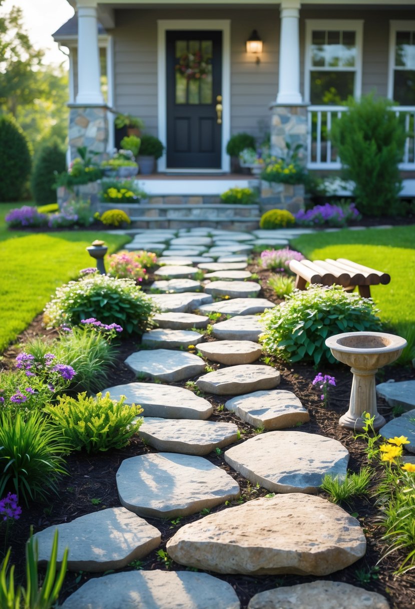 A small front garden with a stone pathway surrounded by green grass, colorful flowers, shrubs, and a house entrance in the background.