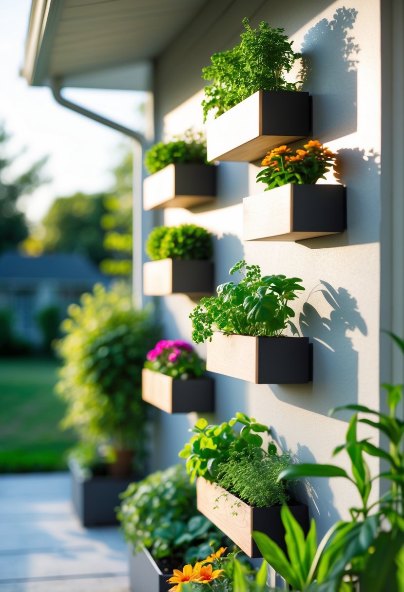 A small vertical garden with wall planters filled with green plants and colorful flowers on a front porch wall.