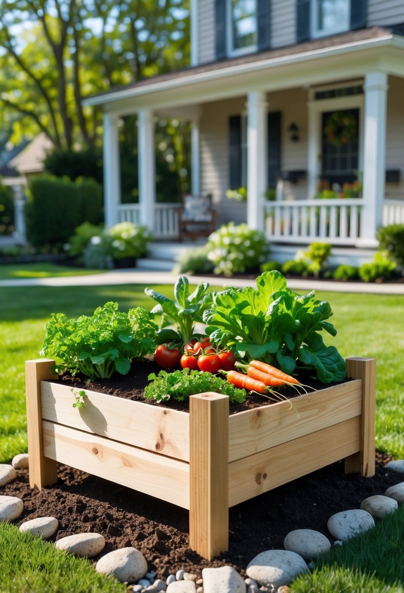Small front garden with a raised wooden vegetable bed filled with growing vegetables and a house in the background.