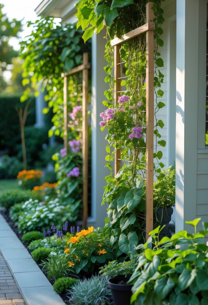 Small front garden with climbing vines on wooden trellises and various flowering plants along a stone pathway.