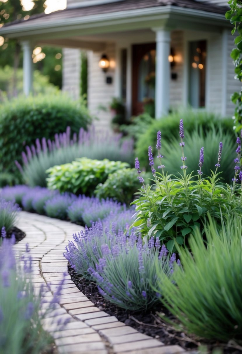 A small front garden with a stone walkway lined with lavender and rosemary plants leading to a house entrance.
