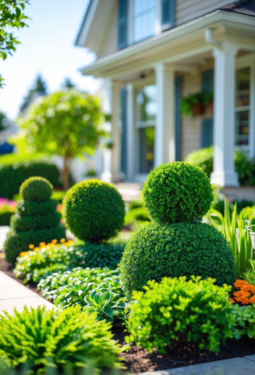 A small front garden with neatly trimmed miniature boxwood topiaries and colorful plants in front of a house.
