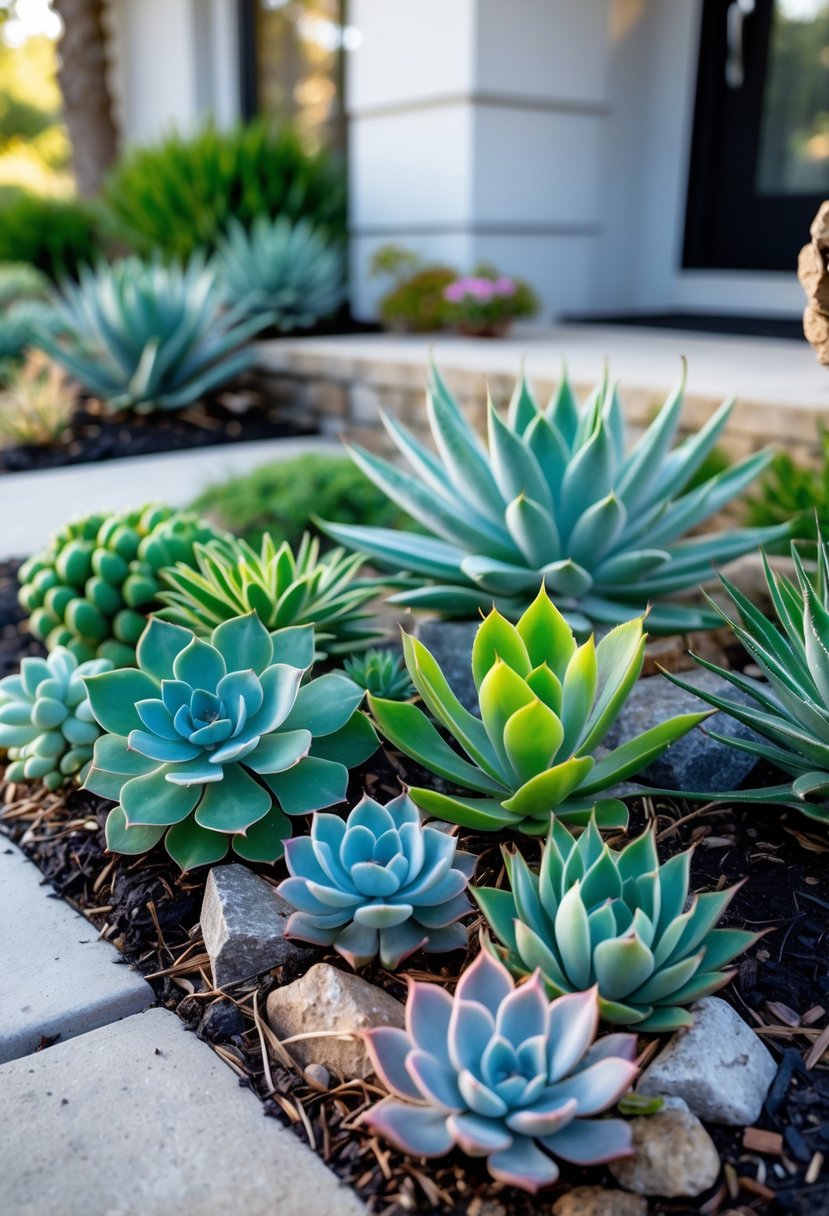A small front garden with various drought-tolerant succulent plants arranged neatly near a modern home entrance.