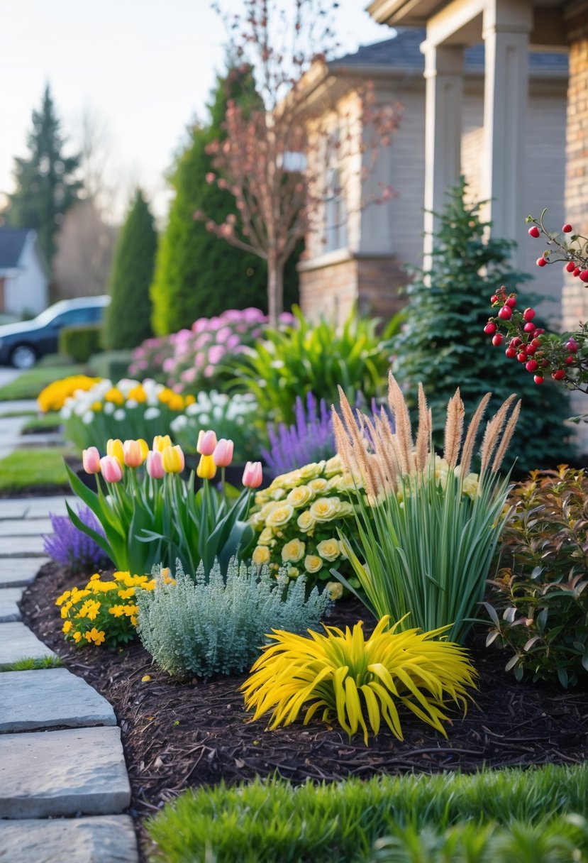 A small front garden with a variety of colorful seasonal plants and a stone pathway winding through them.