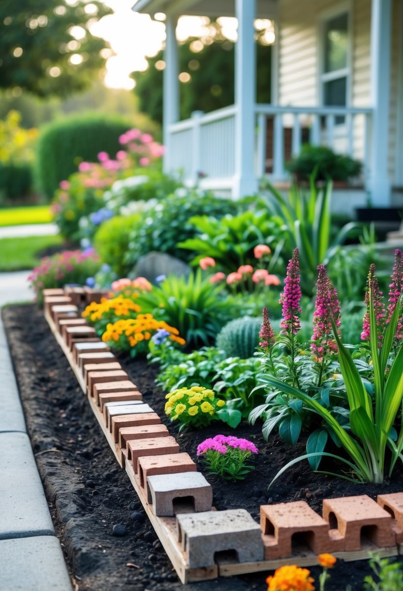 A small front garden with colorful flowers bordered by garden edging made from recycled wood pallets and old bricks next to a pathway and a house.