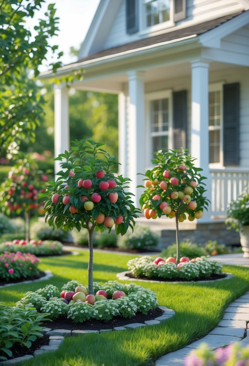 A small front garden with compact dwarf apple and cherry trees, colorful flowers, green grass, and a stone pathway leading to a tidy house.