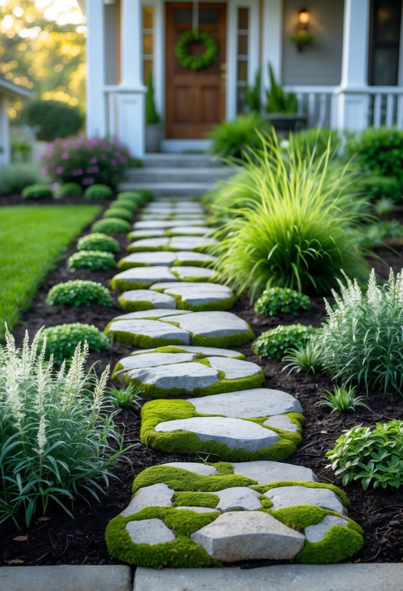 A small front garden with decorative stepping stones surrounded by green plants and moss.