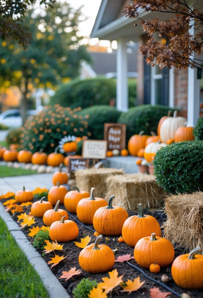 Small front garden decorated with pumpkins, autumn leaves, and seasonal decor near the entrance pathway.