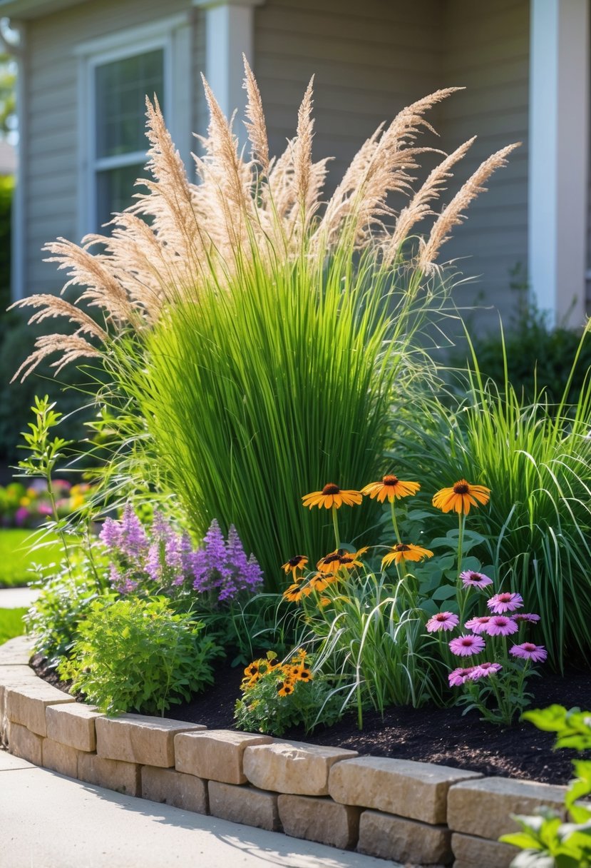 Small front garden with tall grasses and colorful flowering plants beside a walkway and a house in the background.