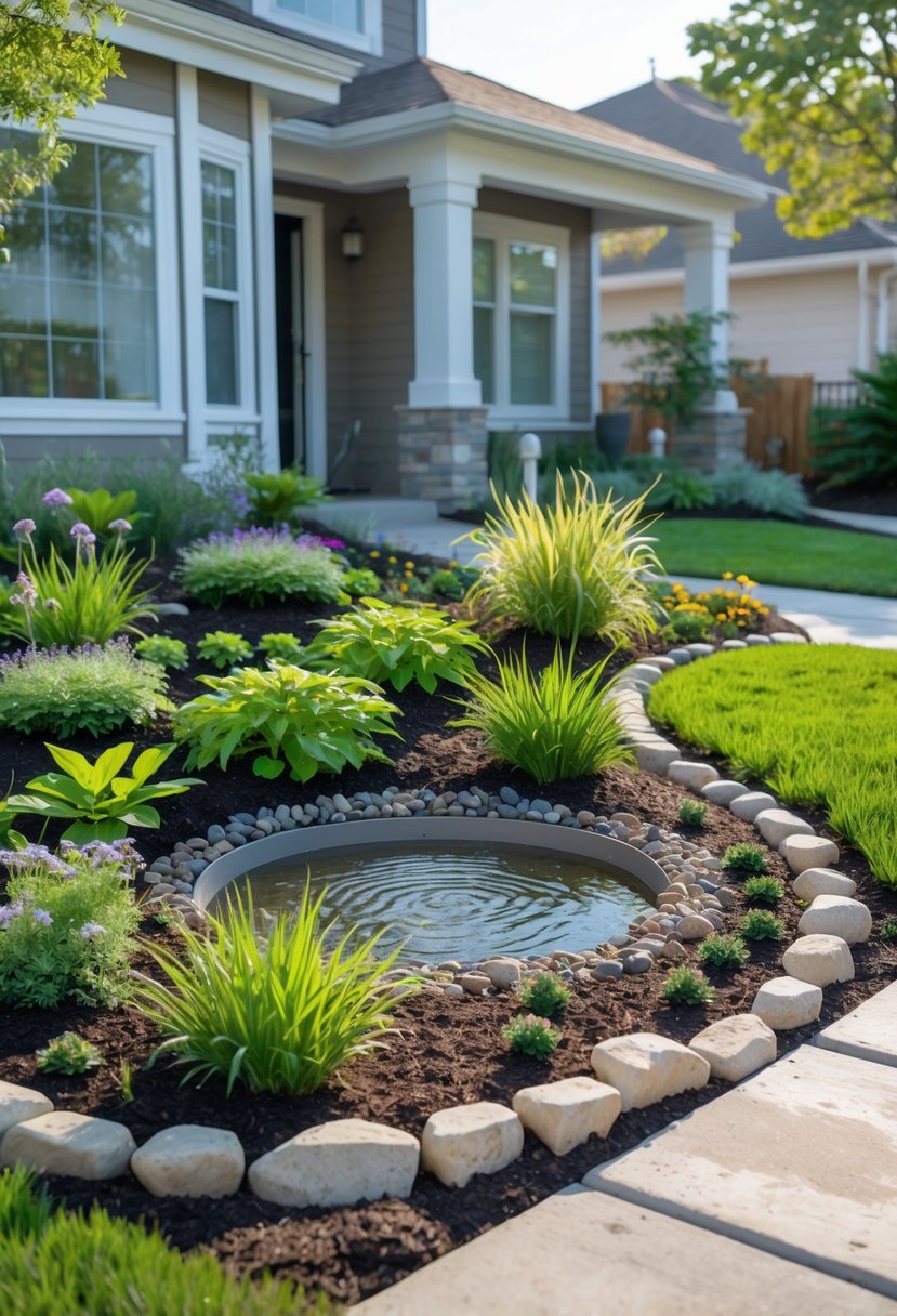 A small front yard with a rain garden filled with green plants and flowers, bordered by stones, and a stone pathway leading to a house.