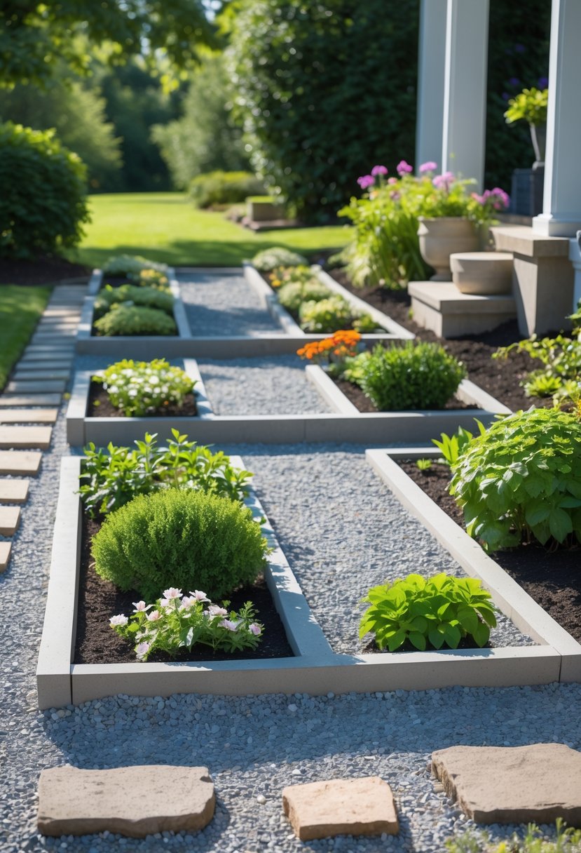 A small front garden with neat garden beds made from gravel, filled with green plants and flowers, next to a stone pathway leading to a front porch.