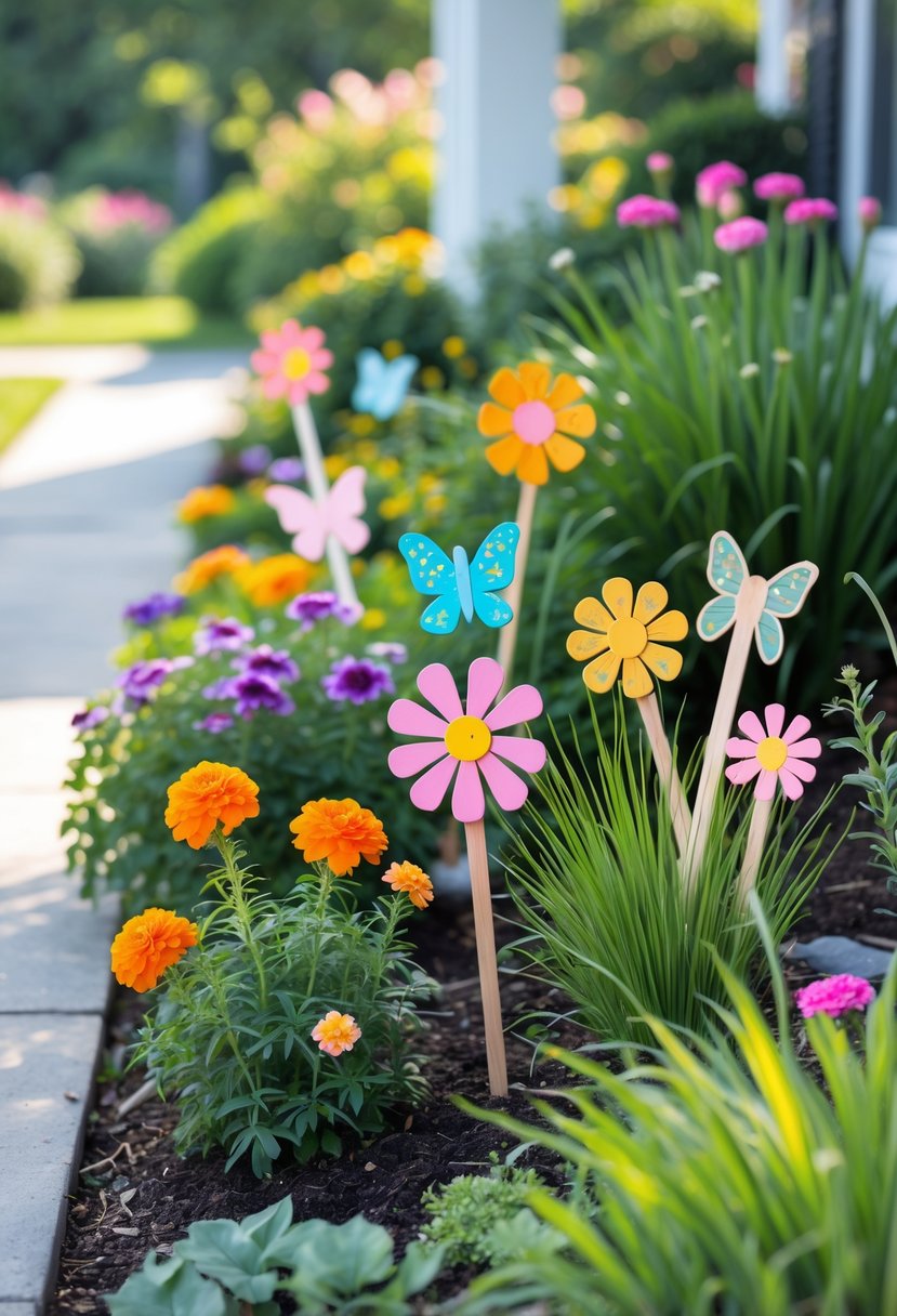 A small front garden with colorful decorative wooden garden stakes among blooming flowers and green plants near a house entrance.