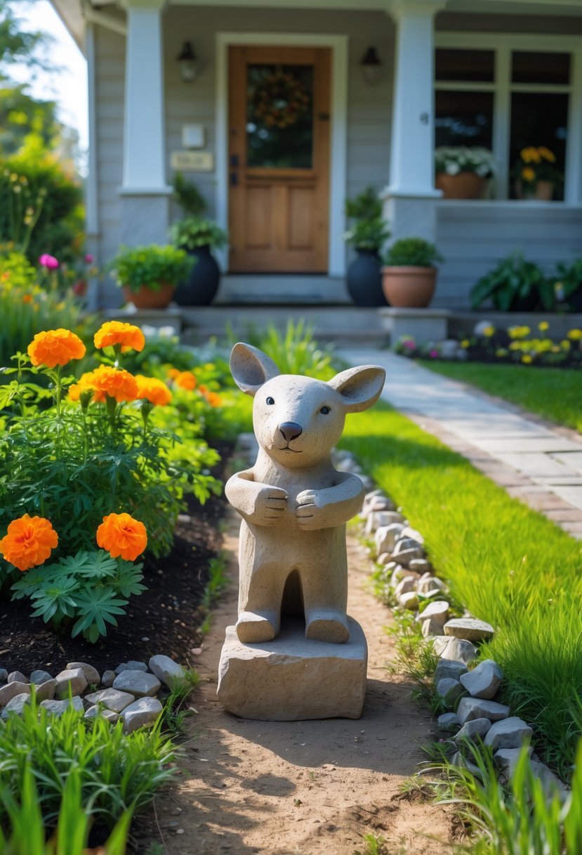 A small front garden with a handmade garden statue surrounded by colorful flowers and green plants near a house entrance.