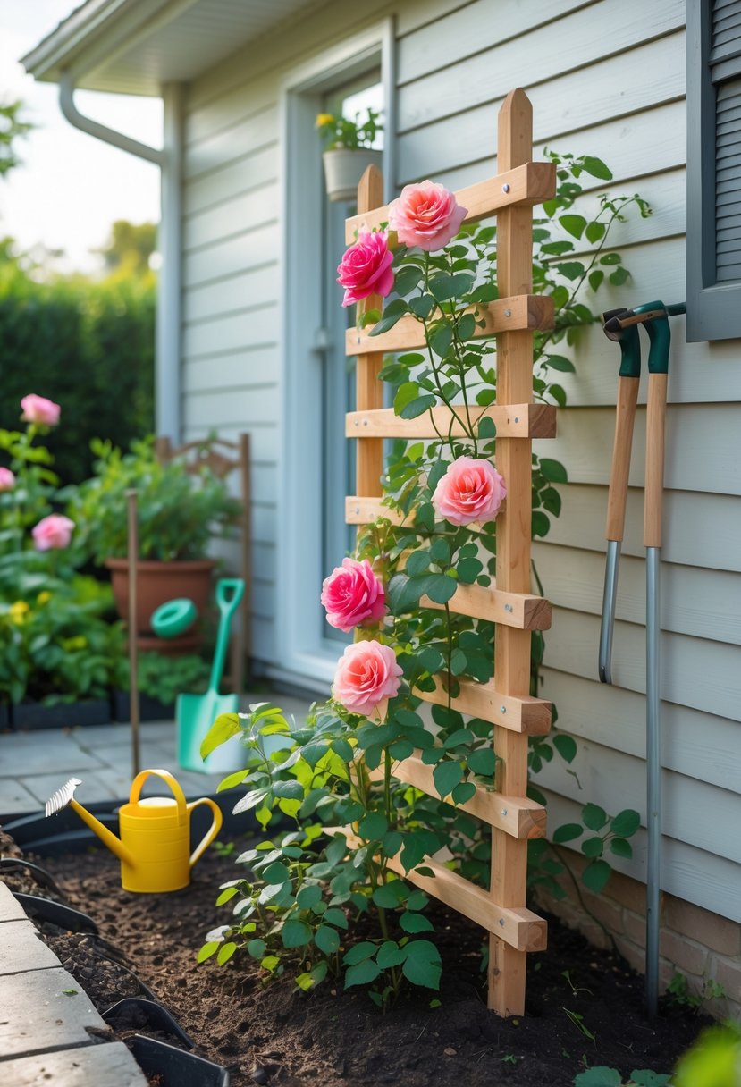 Small front garden with a wooden trellis supporting climbing roses in bloom next to a house wall, with gardening tools nearby.
