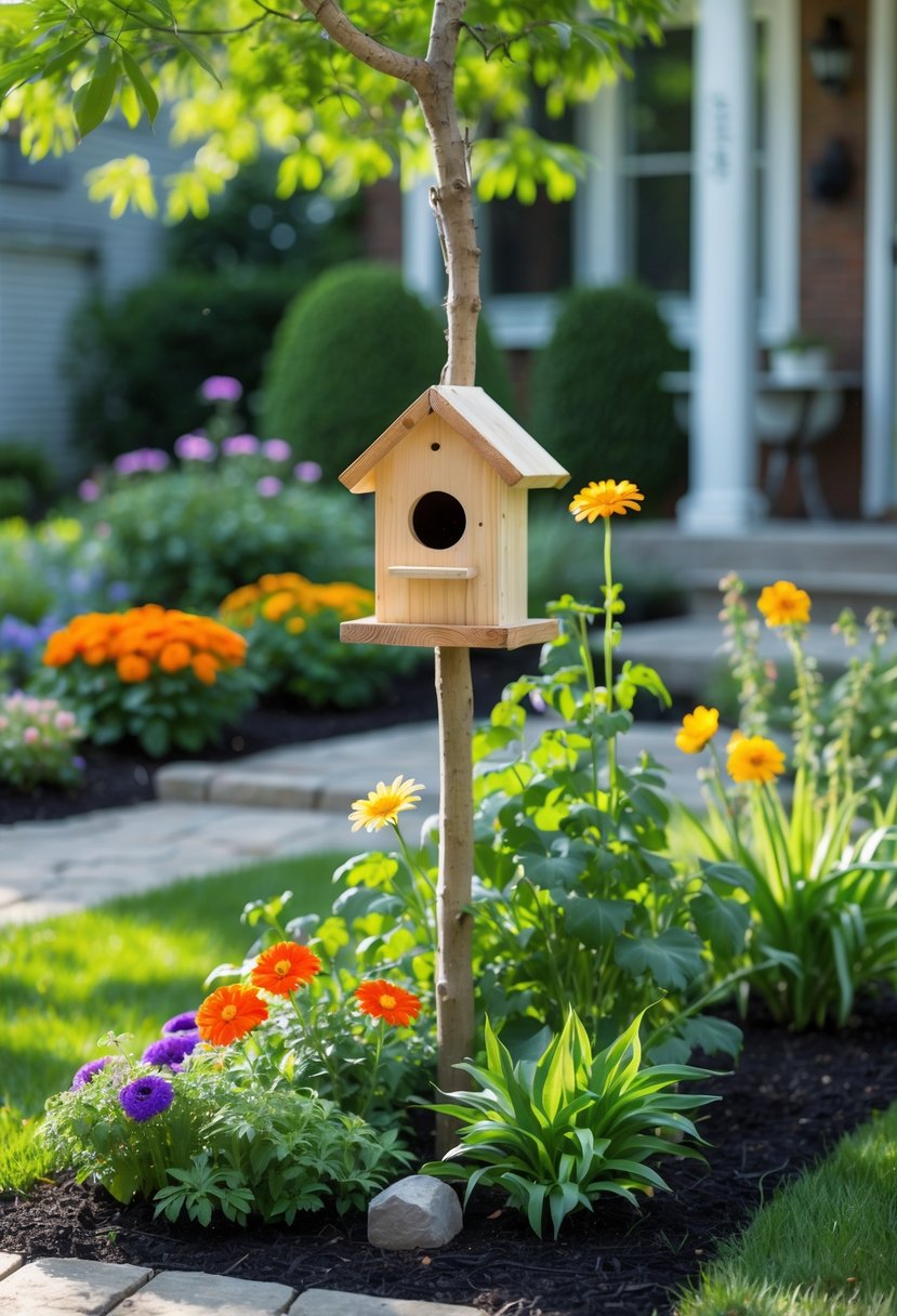 A small front garden with a wooden birdhouse surrounded by green plants and colorful flowers near a stone pathway leading to a house.