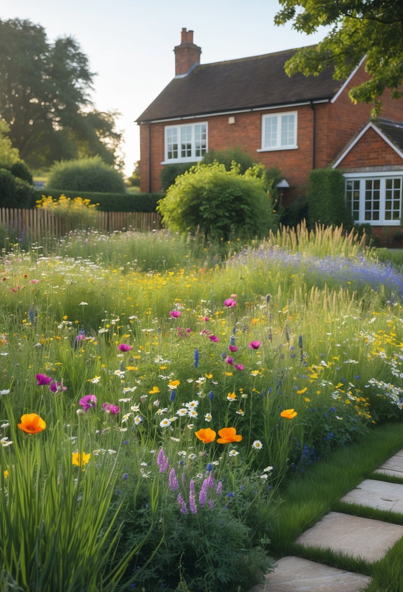A colorful wildflower meadow with various flowers and grasses in front of a brick house with a stone pathway and wooden fence.