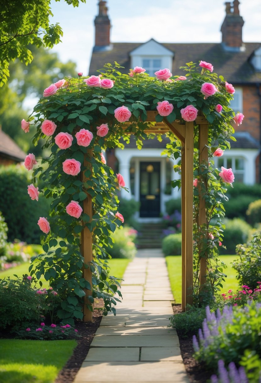 Front garden with climbing roses growing on a wooden trellis in front of a house.