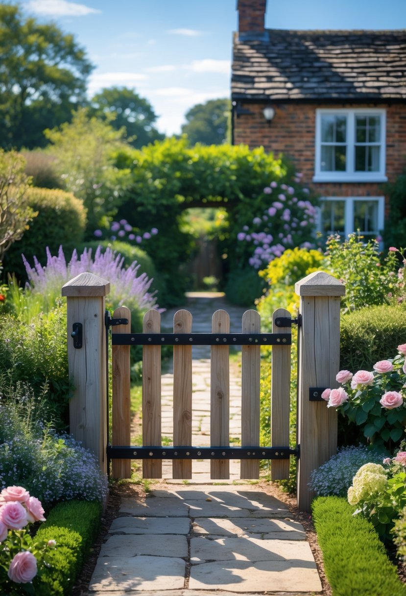 A rustic wooden garden gate opens to a lush front garden with flowering plants and a stone path leading to a cottage.