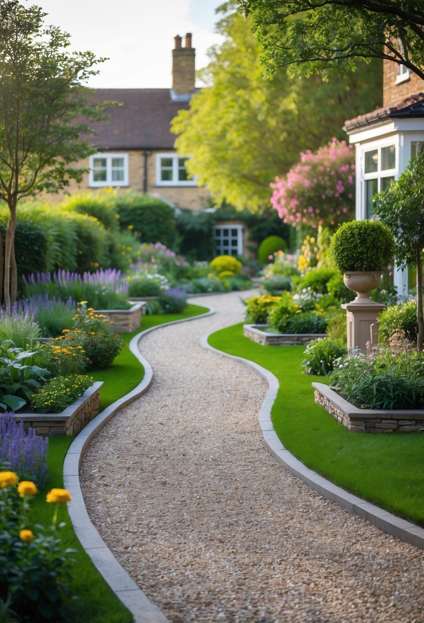 A curved gravel walkway winding through a front garden with green grass, flowering plants, and shrubs in front of a house.
