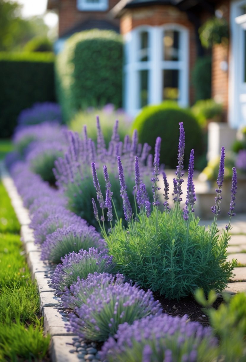 A front garden with neatly planted lavender borders along a pathway leading to a house.