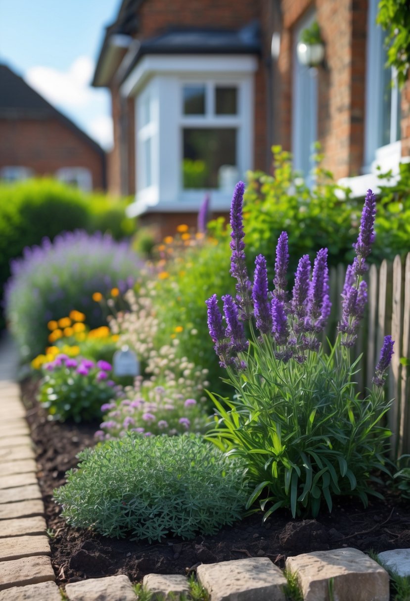A small front garden with colorful flowering plants including lavender in bloom, surrounding a neat pathway leading to a house entrance.