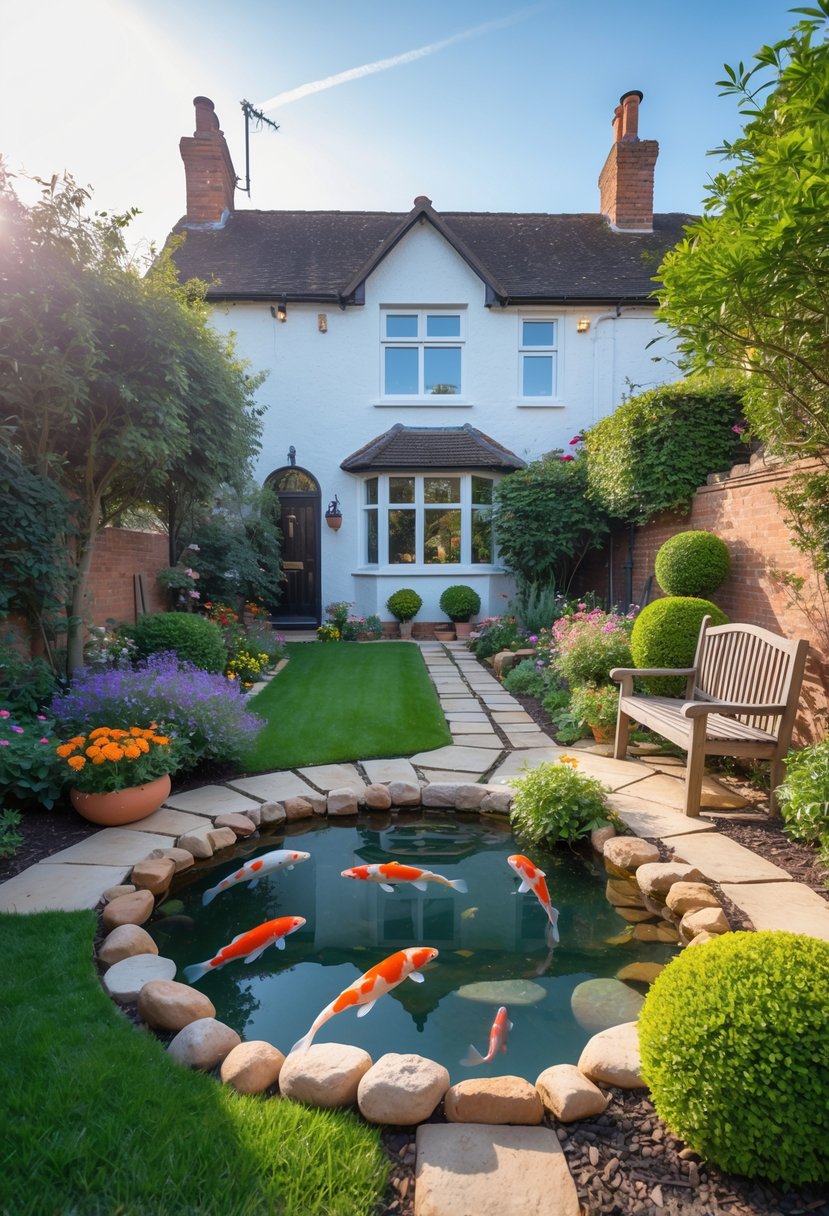 A small koi pond surrounded by flowers and greenery in the front garden of a house in the UK.