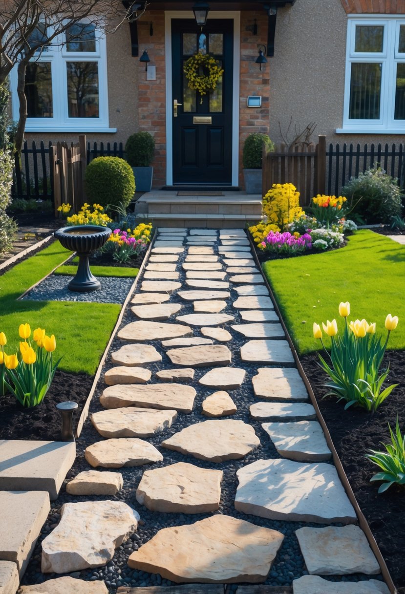 A small front garden with a stone pathway leading to a house entrance, surrounded by green grass, flowers, and shrubs.