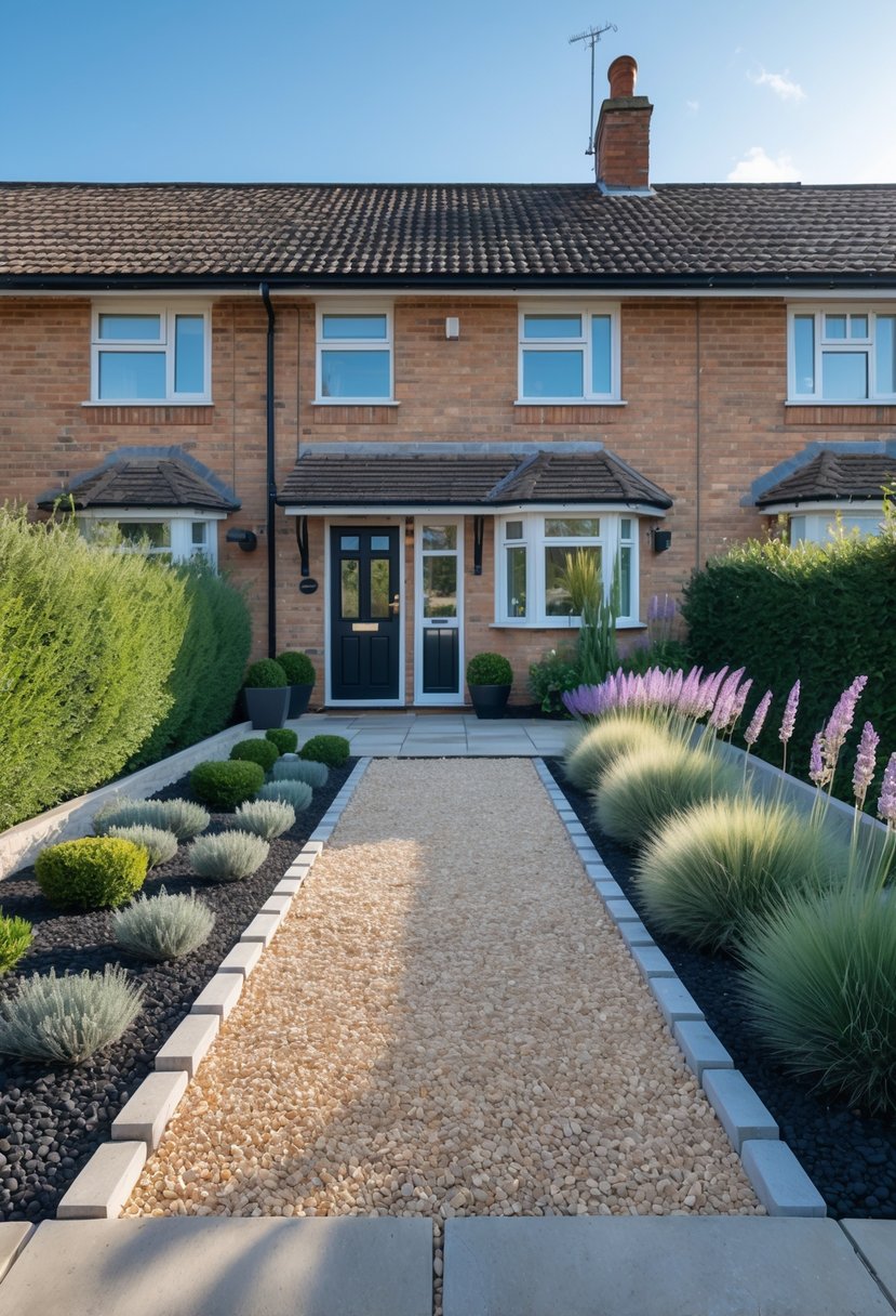 Small front garden with light gravel area, bordered by shrubs and plants, leading to a suburban house entrance.