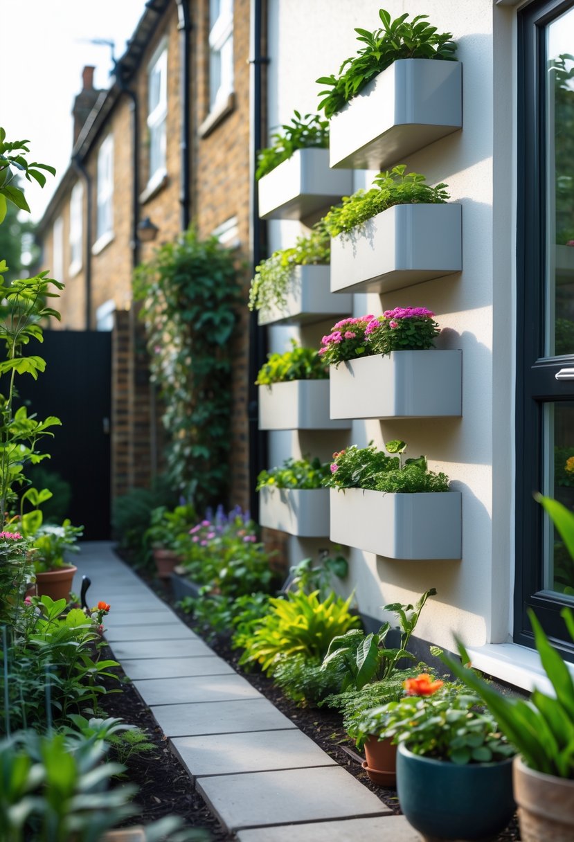 Small front garden with vertical wall-mounted planters filled with green plants and flowers on a light exterior wall, featuring a stone pathway and additional potted plants.