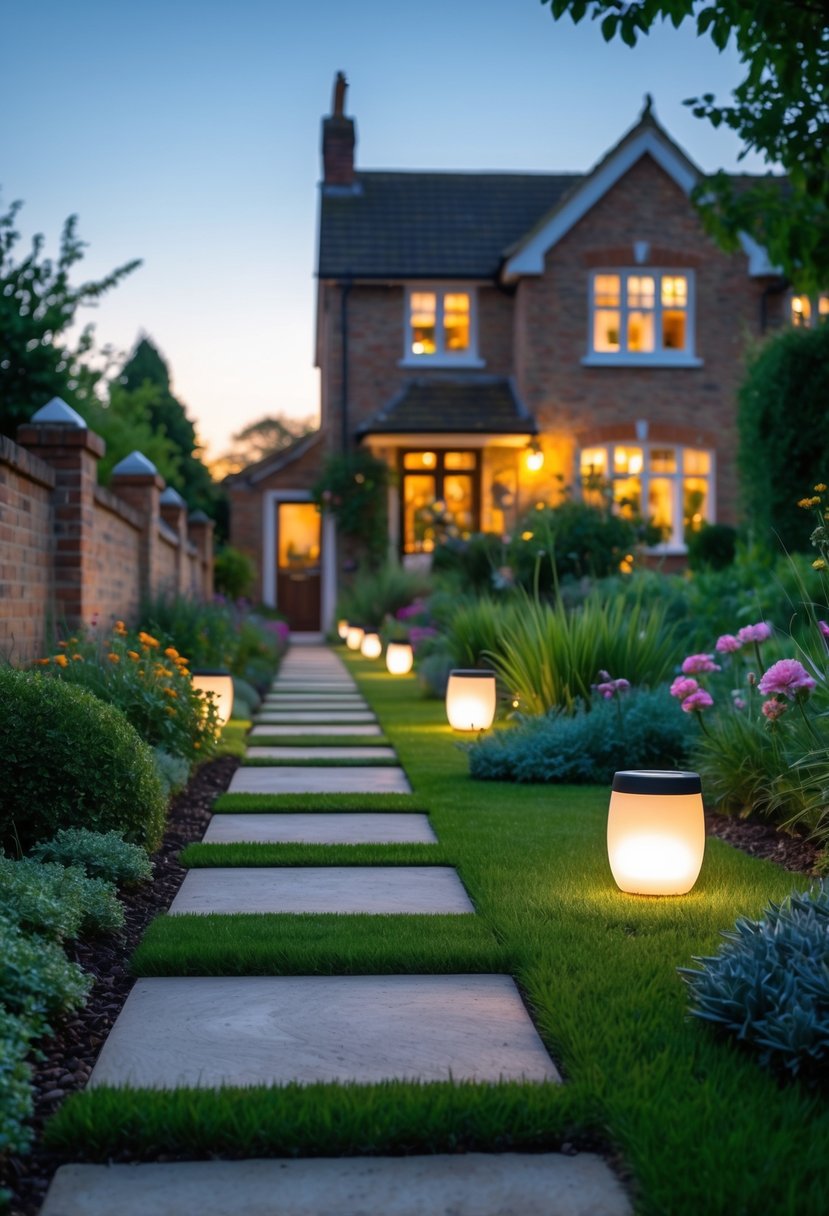 A front garden with a pathway lined by solar-powered lanterns, surrounded by plants and shrubs, leading to a house.