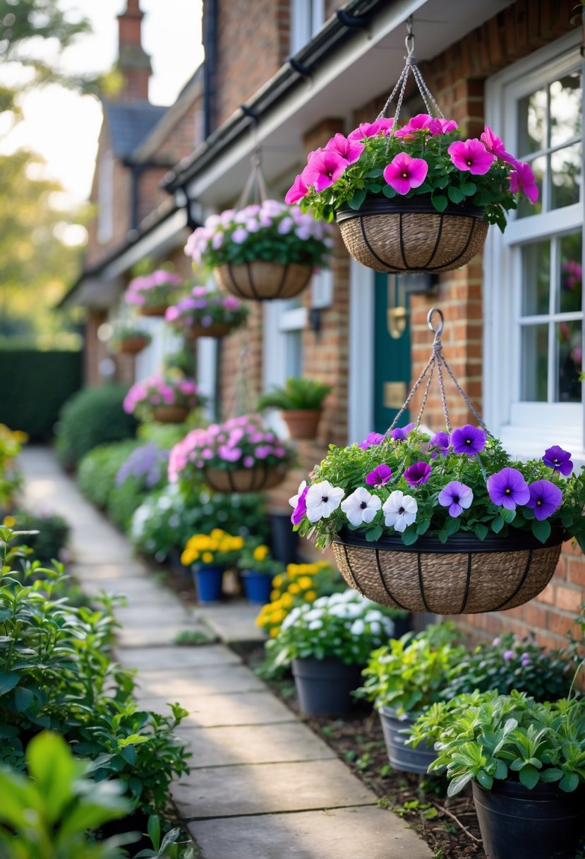 Small front garden with hanging baskets filled with colorful seasonal flowers and a pathway leading to a front door.