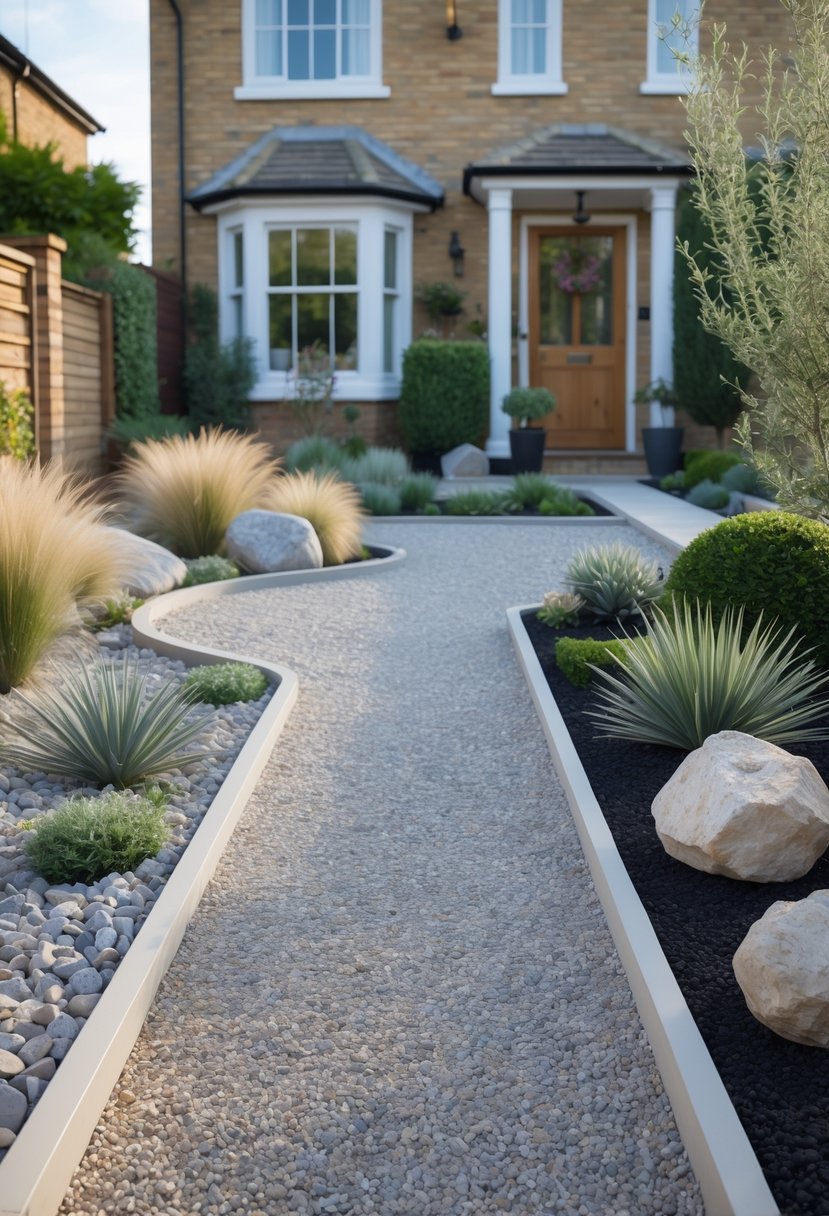 A front garden with gray gravel ground cover, various green plants, and a brick house in the background.