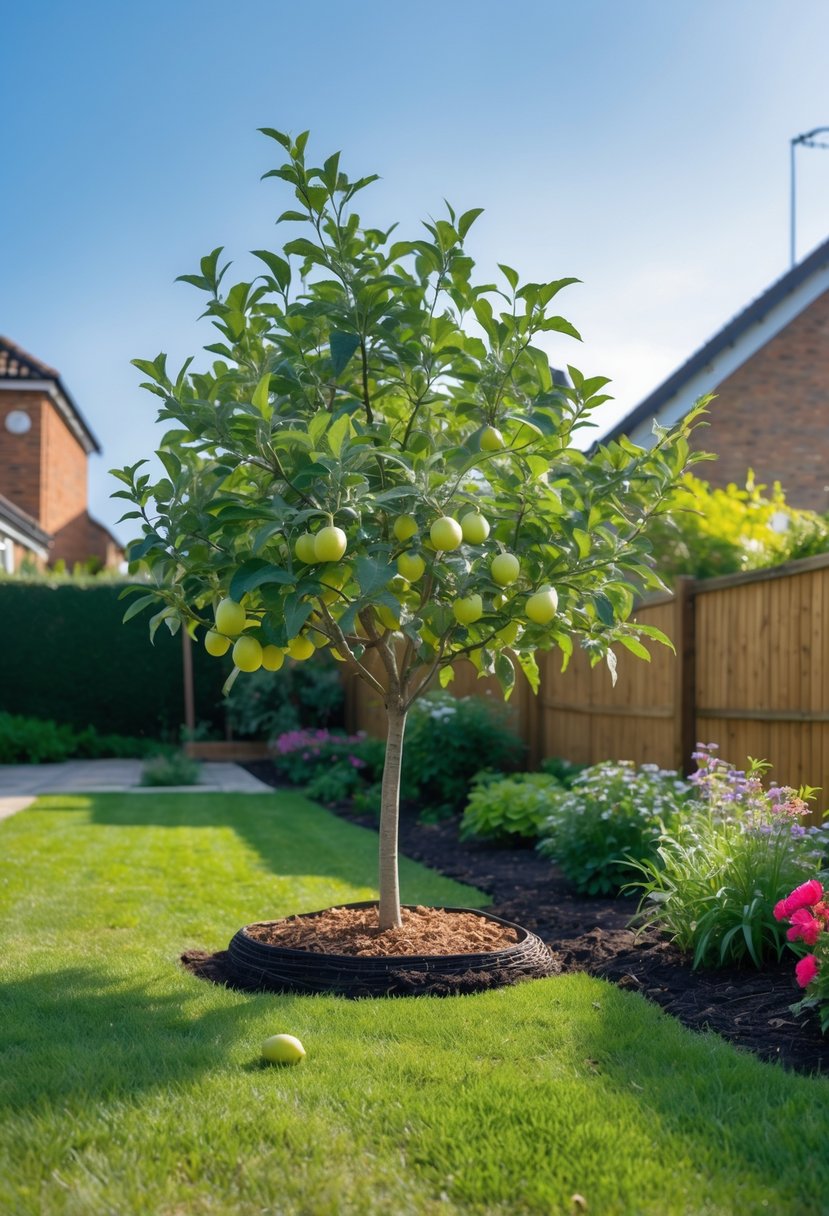 A small front garden with a newly planted dwarf fruit tree surrounded by grass and flowering plants under a clear sky.