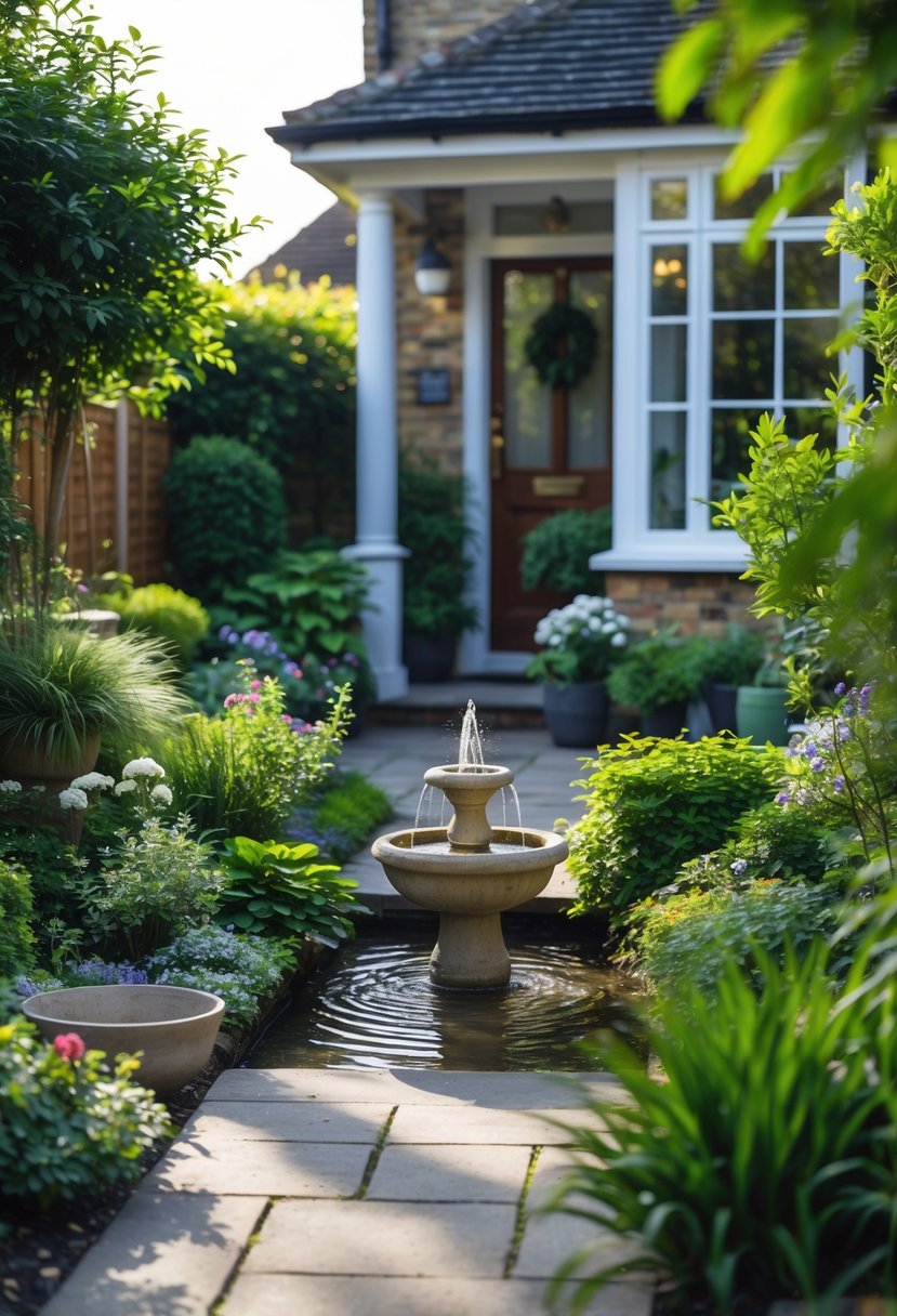 Small front garden with a water fountain surrounded by plants and a stone path leading to a house.