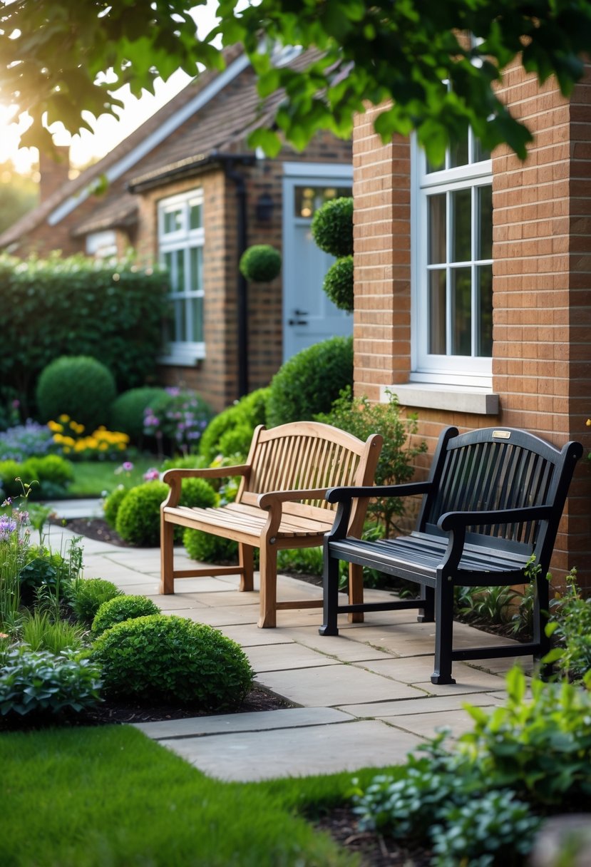 Small front garden with wooden and metal benches surrounded by green grass, flowers, and shrubs in front of a brick house.