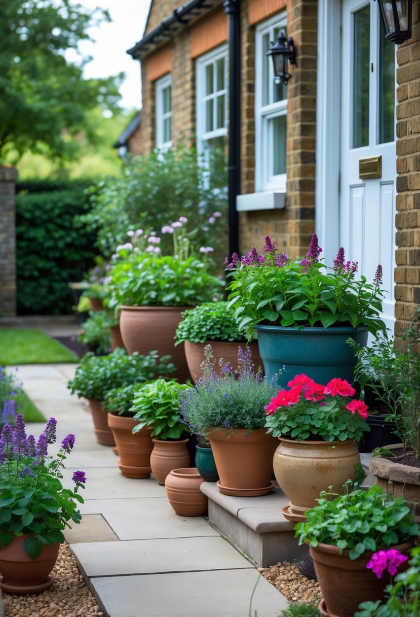 Small front garden in the UK with various container plants arranged along a pathway next to a brick house.