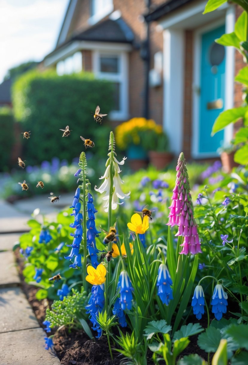 Small UK front garden filled with native wildflowers and pollinators like bees and butterflies.