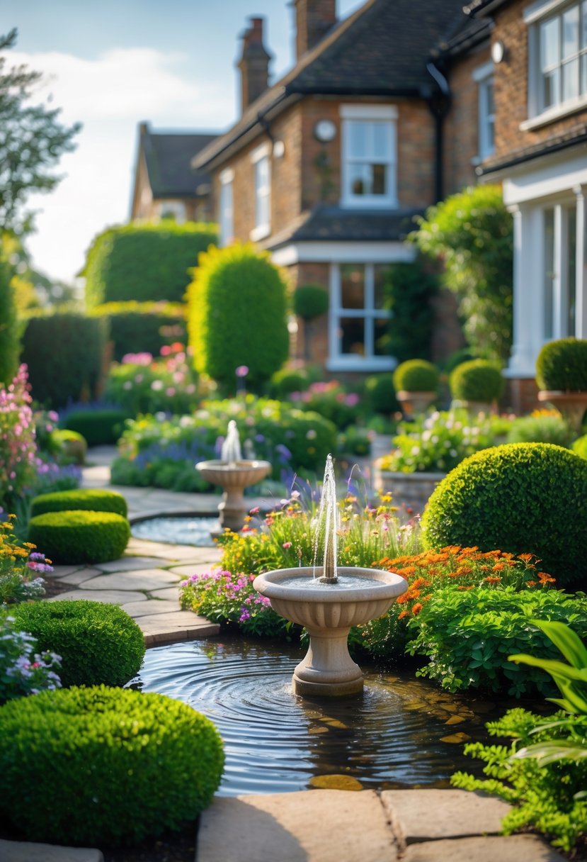 A front garden with small stone fountains, colorful flowers, green shrubs, and a stone pathway in front of a residential house.