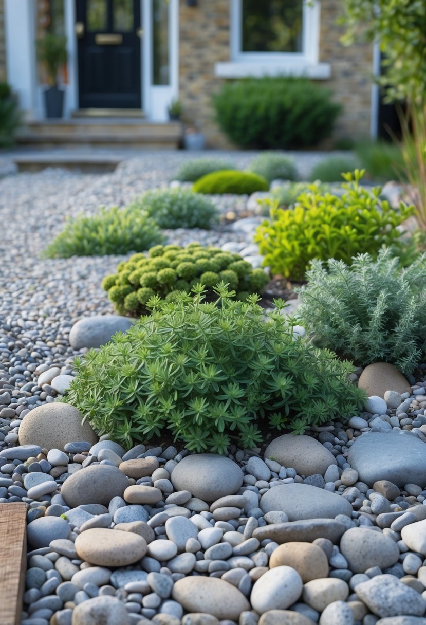 A small front garden patch with pebbles and green sedum plants beside a house.