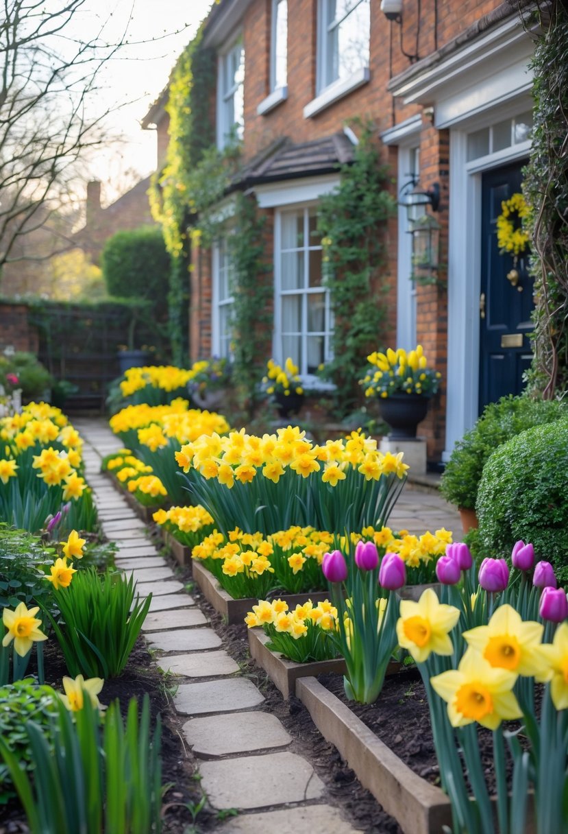 Front garden with blooming yellow daffodils and colorful tulips arranged in flower beds near a brick house.
