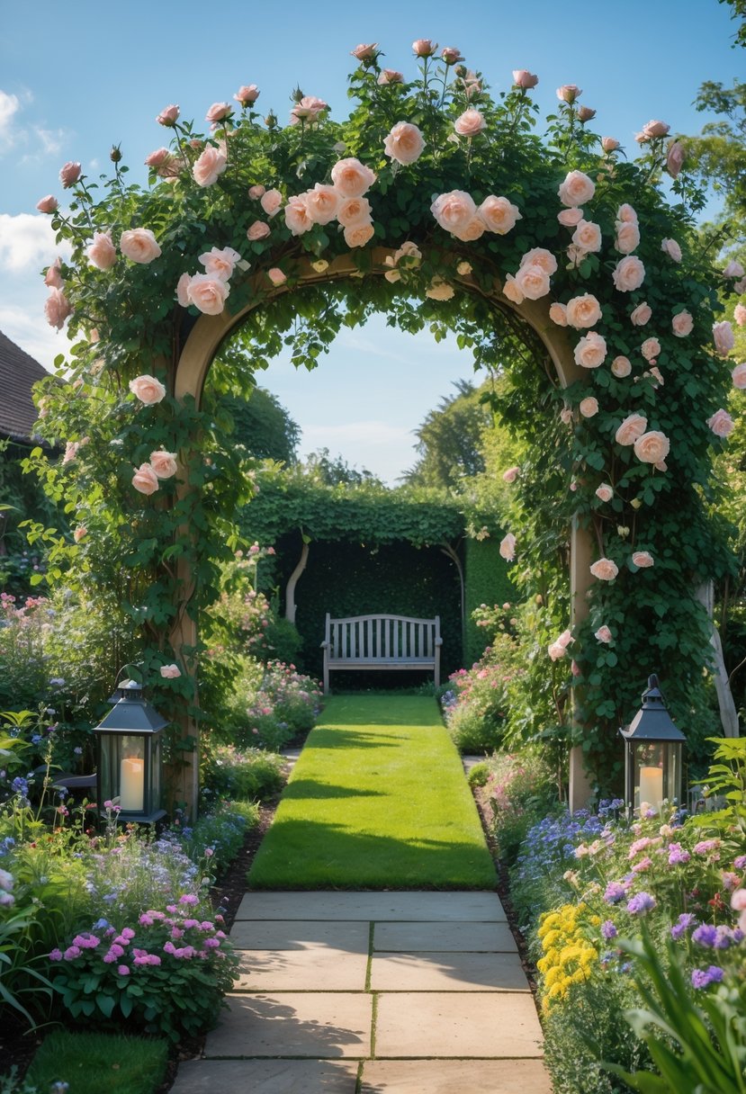 A front garden with a stone path passing under a wild rose archway surrounded by colorful flowers and greenery.