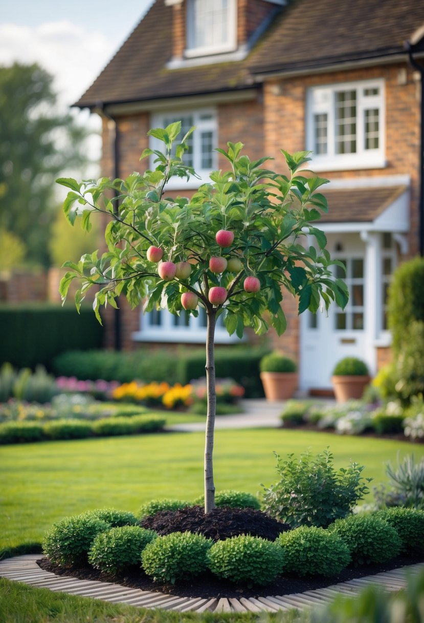 A front garden with a young fruit tree planted near a brick house, surrounded by grass, flowers, and shrubs.