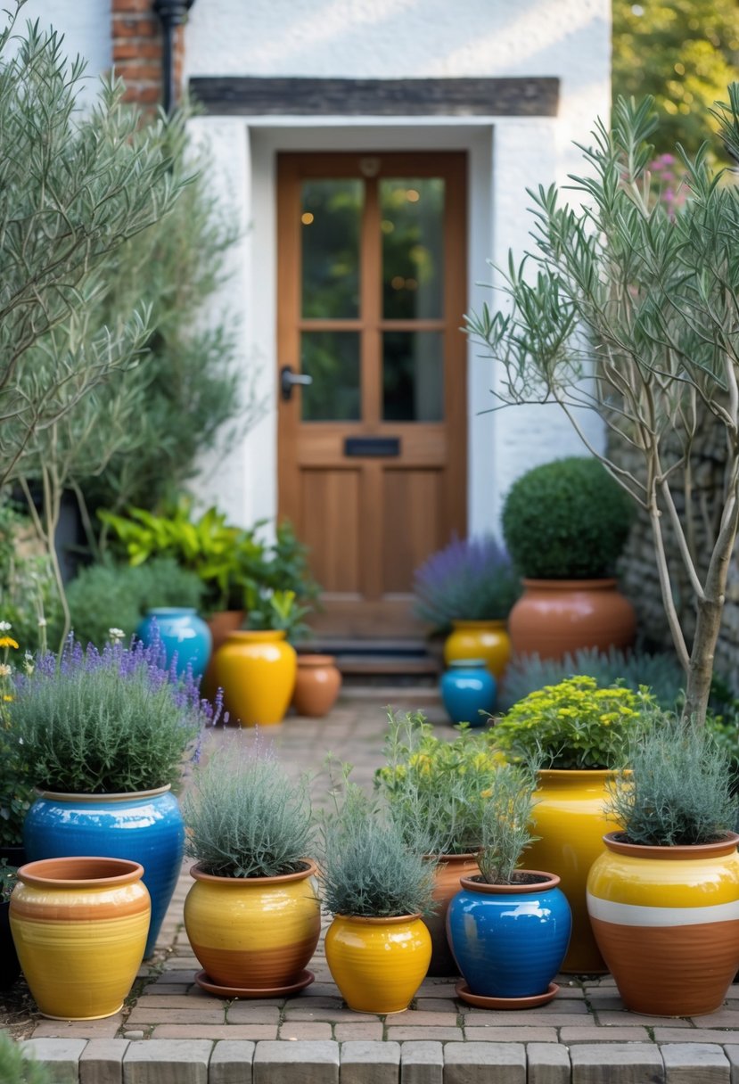Small front garden with colorful ceramic pots filled with various plants arranged on a paved area in front of a house.