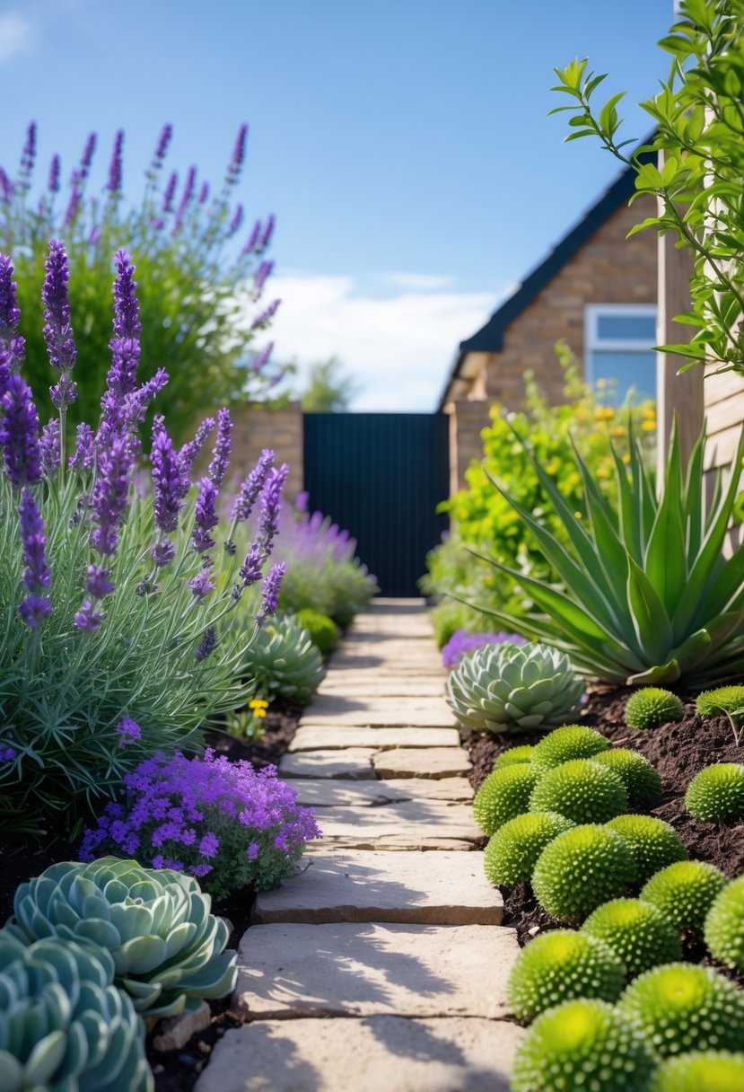 Front garden with lavender and sedum plants along a stone pathway leading to a house.