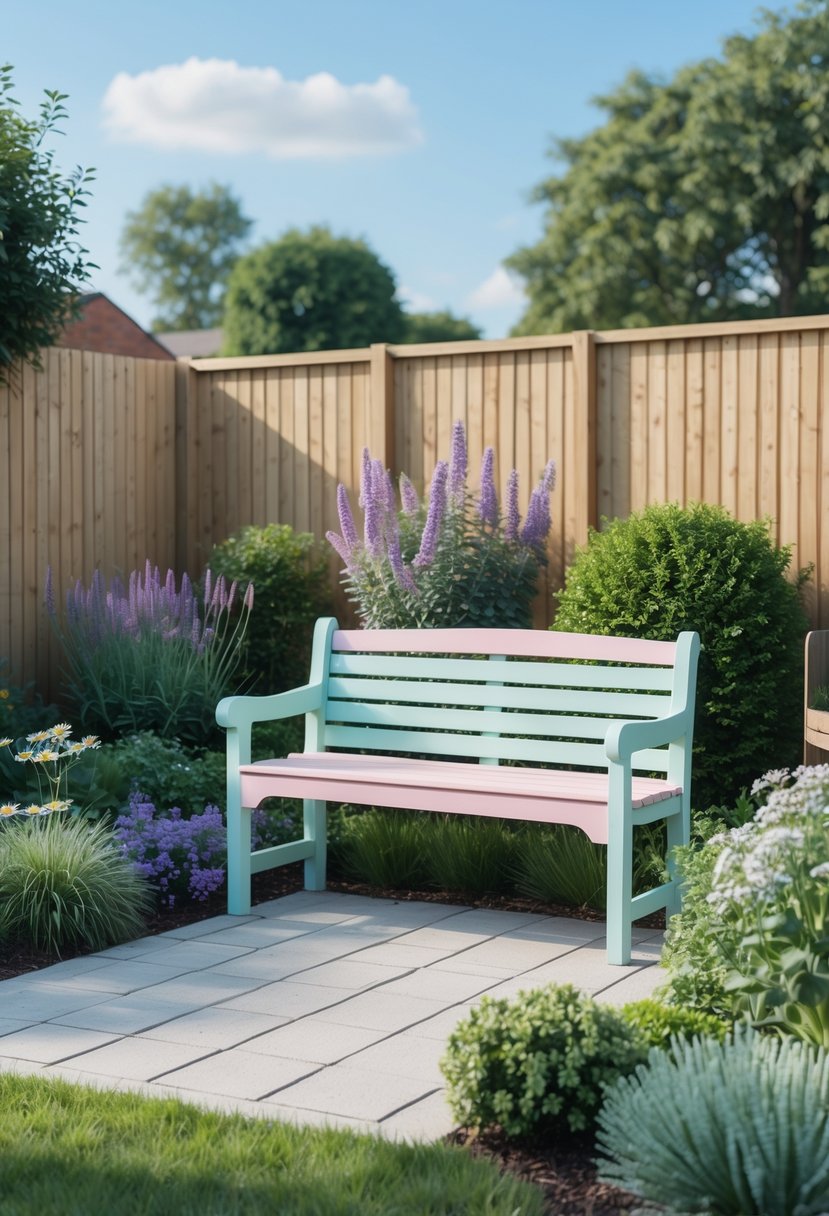 A wooden bench painted in pastel colors in a small front garden with grass, flowers, and a wooden fence in the background.